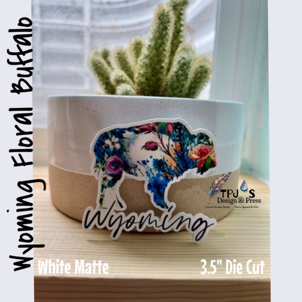 Wyoming Floral Buffalo White Matte Die Cut Sticker